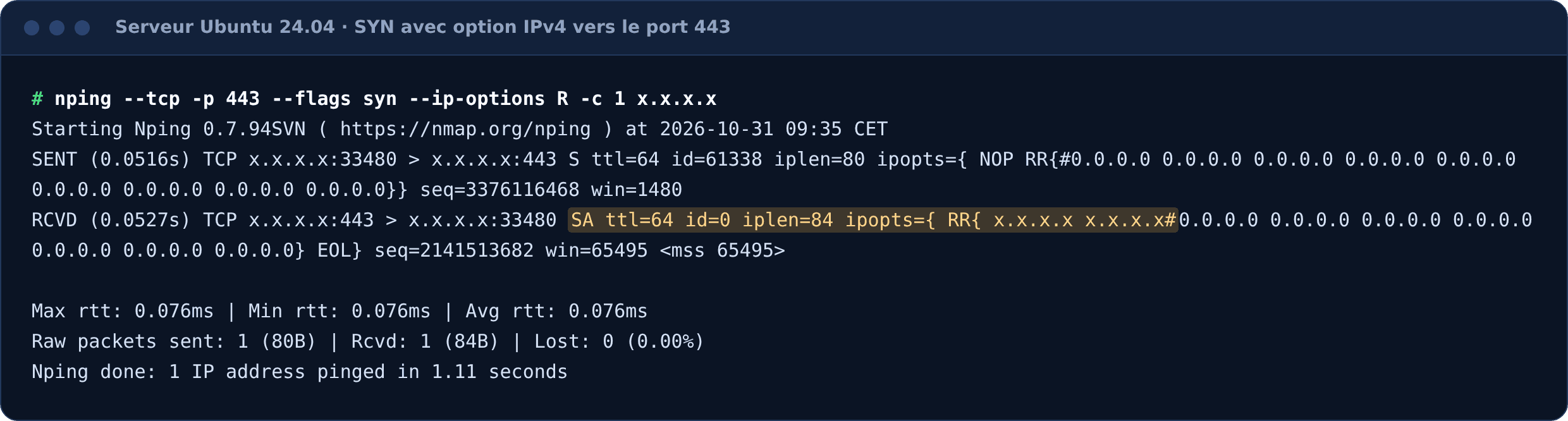 nping vers le port 443 du serveur : le SYN-ACK revient avec l'option Record Route remplie