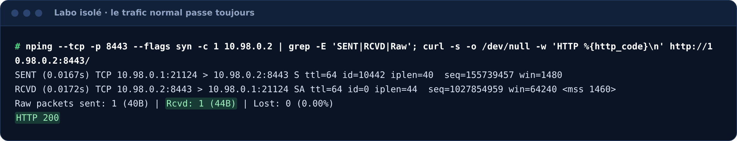 Contrôle : un SYN normal reçoit son SYN-ACK et le service web répond HTTP 200