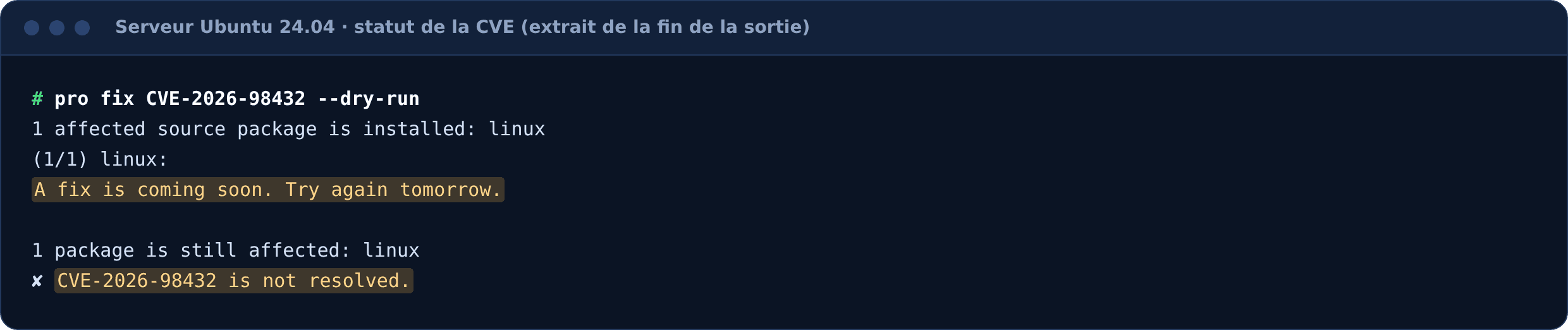 Sortie de pro fix : A fix is coming soon, CVE-2026-98432 is not resolved